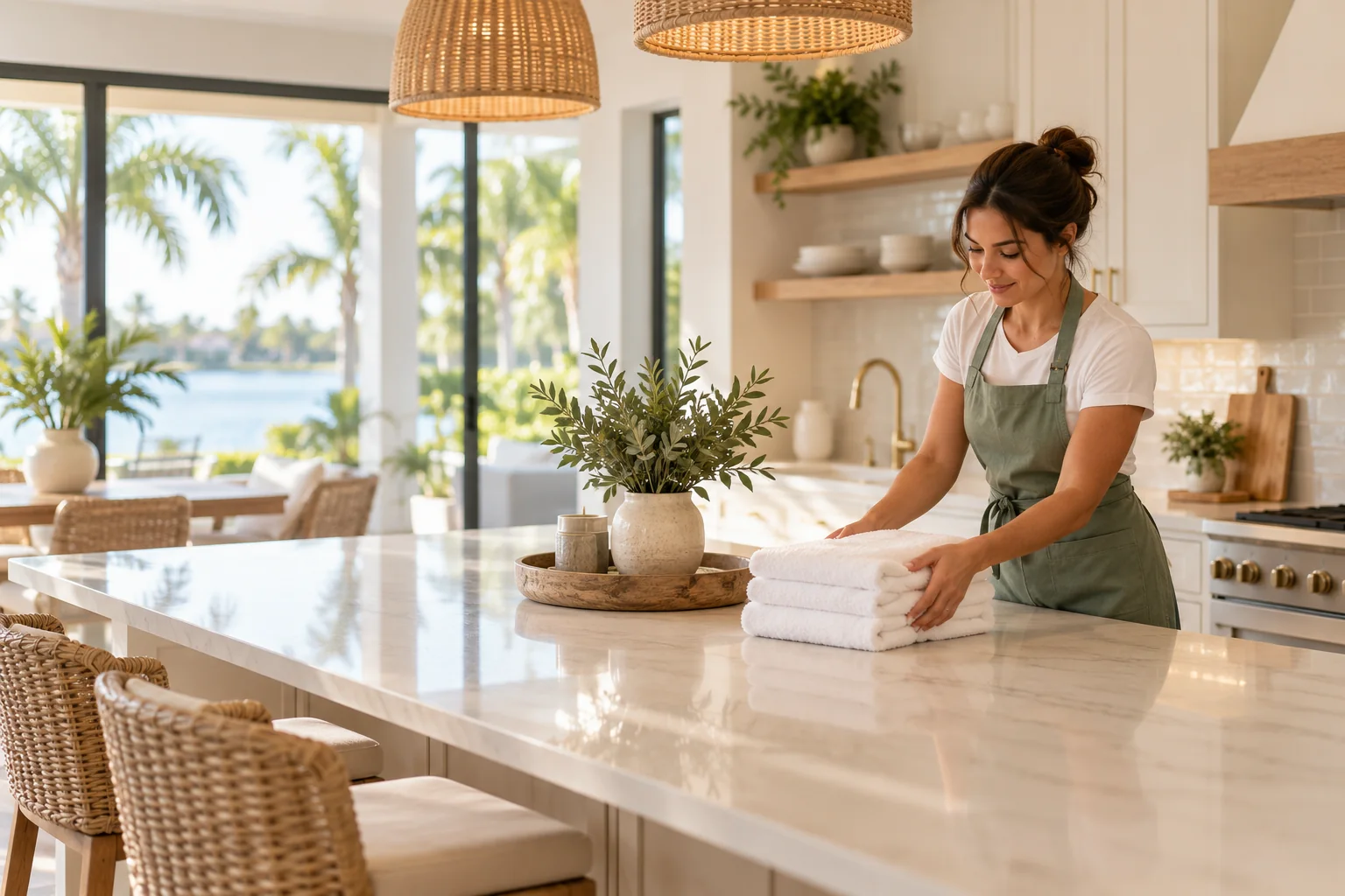 A cleaner in a sage apron finishing a bright vacation rental kitchen